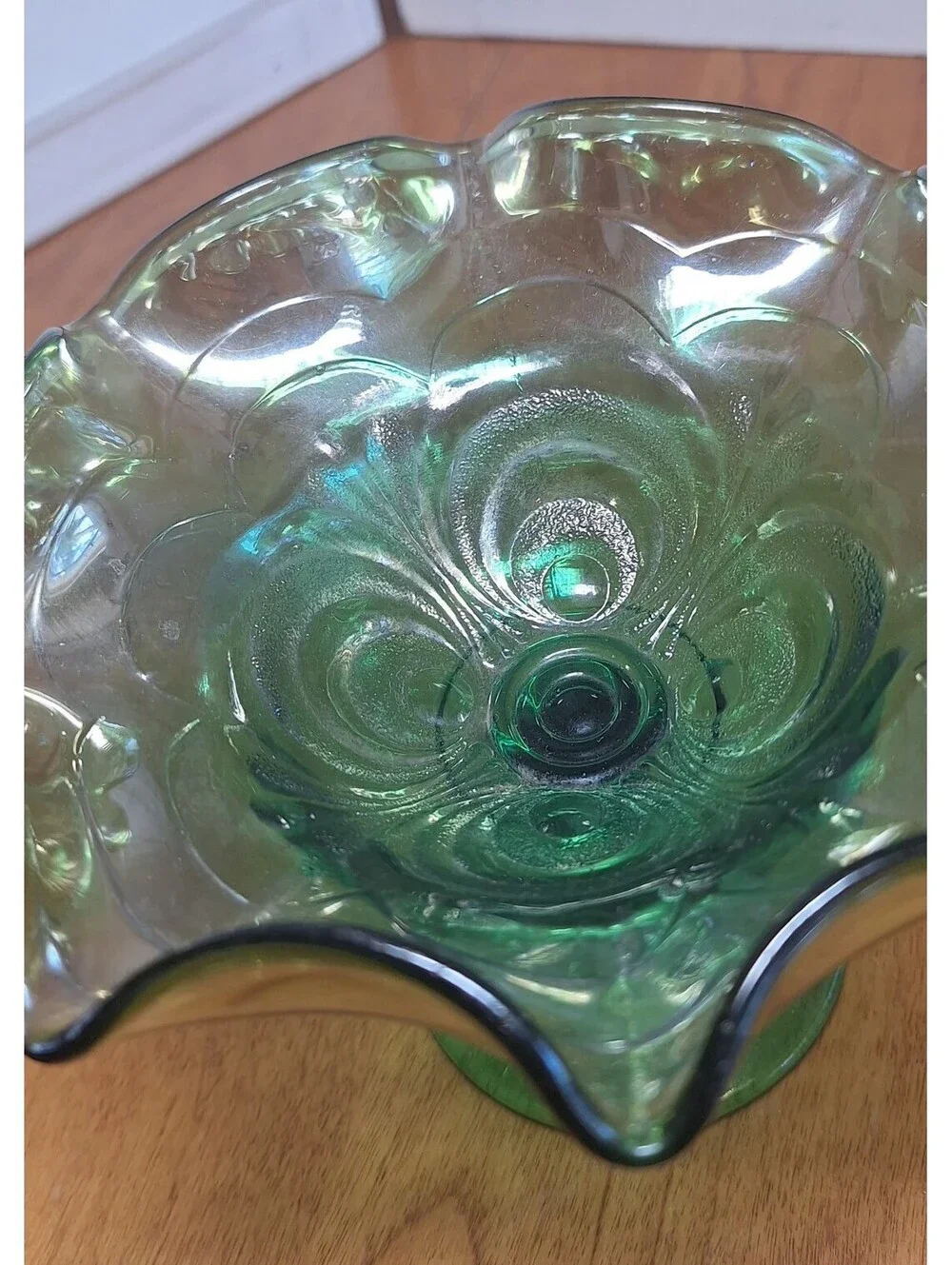 VTG Uranium Green Glass Scroll Embossed Footed Candy Compote Dish 4.5